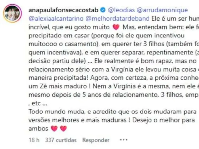 Prima de Virgínia Fonseca detalha separação e aponta decisão unilateral de Zé Felipe